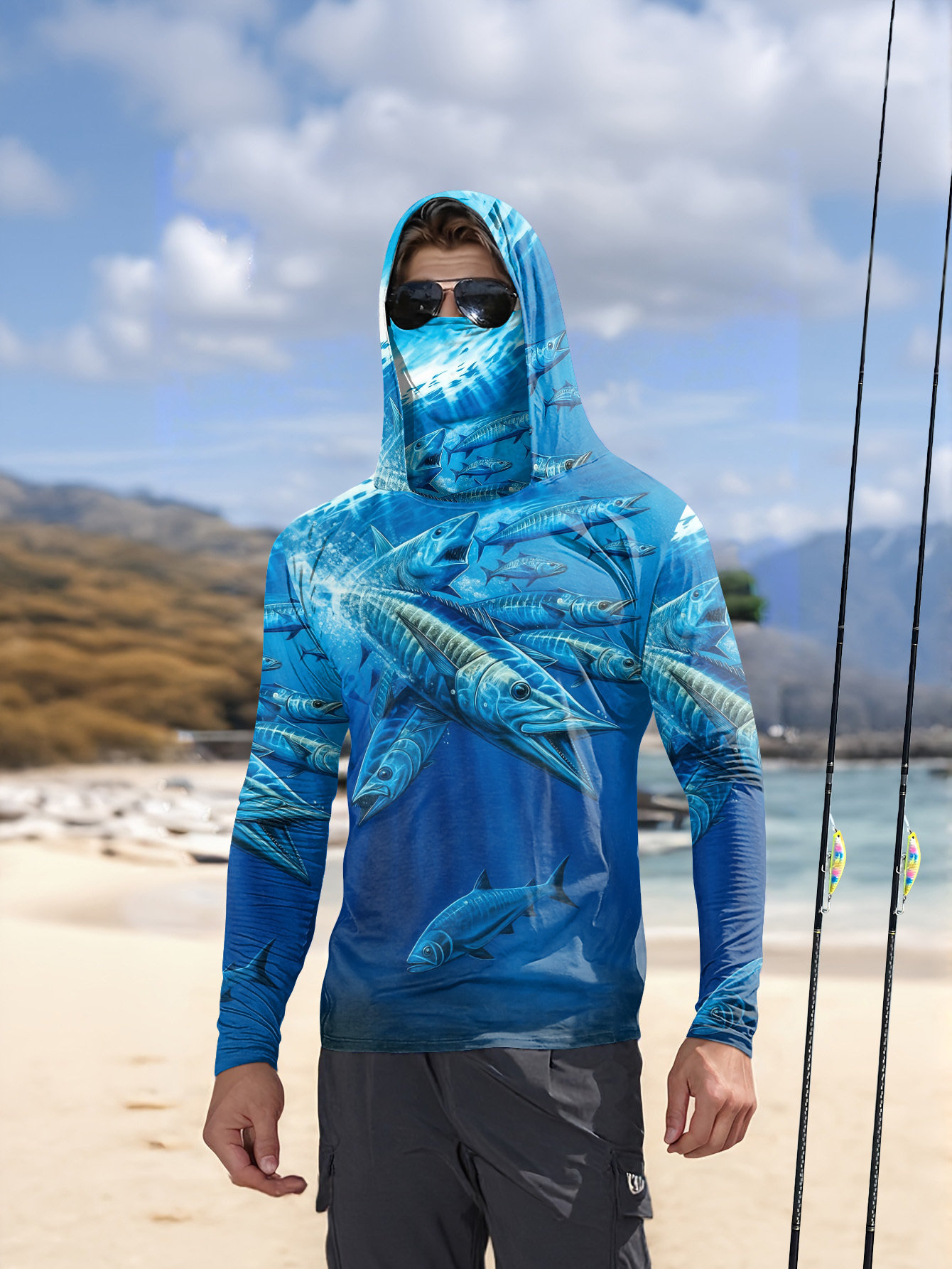 Men Hood Fishing Shirt long sl - Fishing Shirt Uv Protection ulasan dan harga